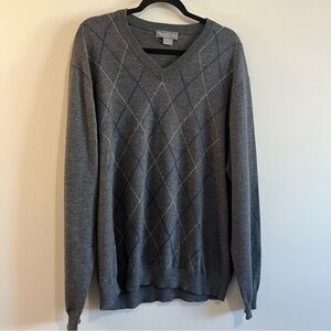 Daniel Cremieux Men’s Gray Multicolor Argyle 100% Wool V-Neck Pullover Sweater